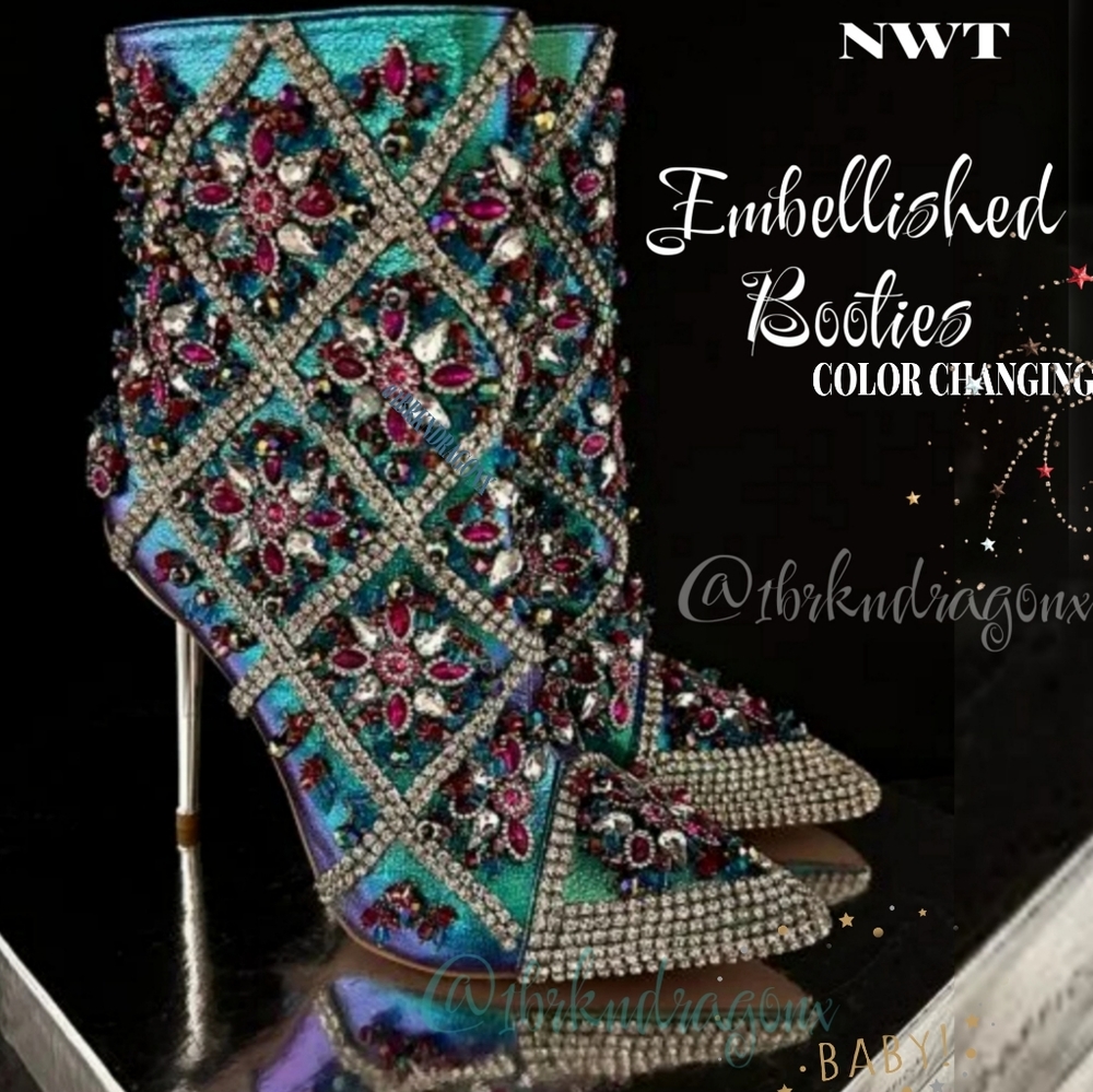 Azalea Wang Iridescent Art Deco Crystal Beaded Dress Stiletto Booties